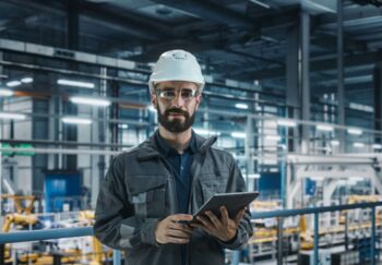 Ein Technischer Betriebswirt in Arbeitskleidung steht in einer modernen Industriehalle und hält ein Tablet in der Hand. Er trägt einen weißen Schutzhelm und Schutzbrille, im Hintergrund sind Maschinen und Produktionsanlagen zu sehen