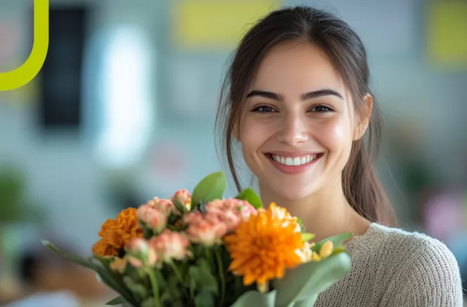 Lächelnde junge Frau mit dunklen Haaren hält einen bunten Blumenstrauß mit orangefarbenen Blüten. Verschwommener Hintergrund mit frühlingshaftem Ambiente.