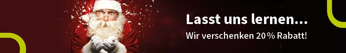 Weihnachtliches Banner mit einem Weihnachtsmann, der Schnee in die Kamera pustet, und dem Text 'Lasst uns lernen... Wir verschenken 20% Rabatt!' auf dunklem Hintergrund mit grünen Akzenten.