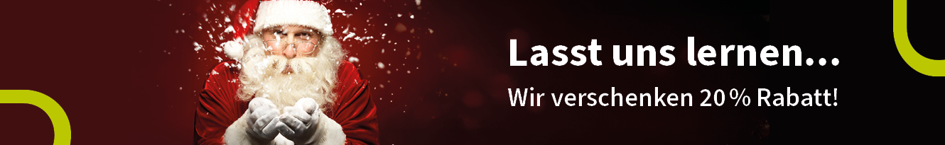 Banner mit Weihnachtsmann, der Schneeflocken pustet, dunkelrotem Hintergrund und Text: 'Lasst uns lernen... Wir verschenken 20% Rabatt!'